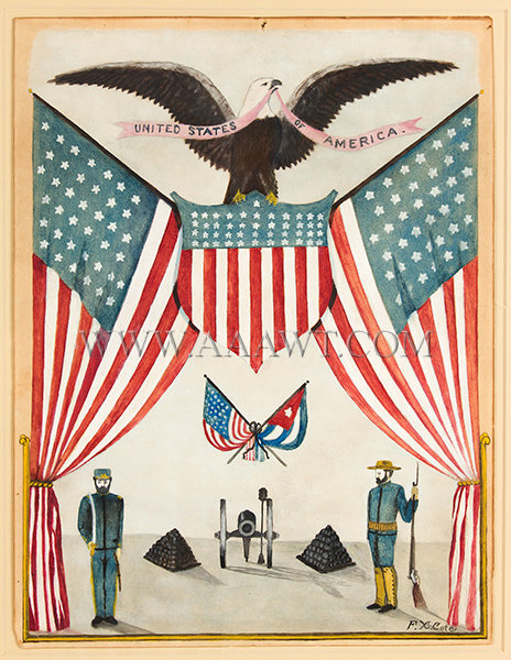 Patriotic Folk Art, Eagle Surmounting American Shield and Flags, Span-Am War
Signed F.X. Cote, Circa 1898 to 1900, entire view